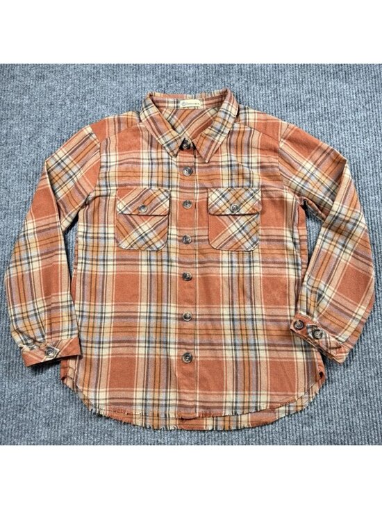 Democracy Tops - Democracy Flannel Top Womens Large Burnt Orange Plaid Button Front Raw Hem
